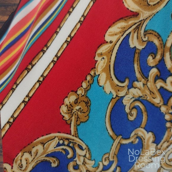 Surplice Shift Dress w/Red Blue and Gold Print - Picture 4 of 5